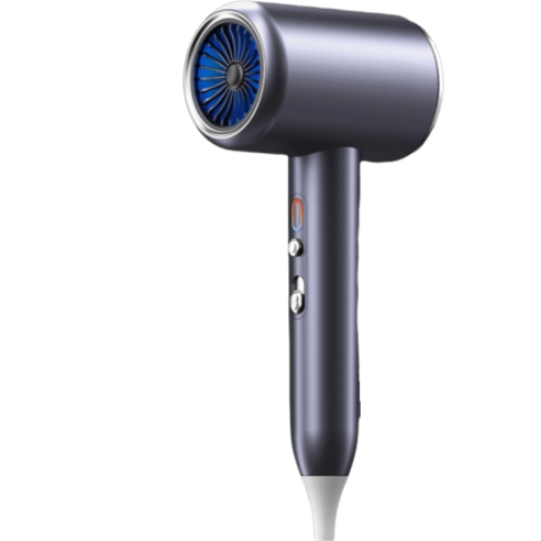 Sleek metallic hair dryer with blue vent and control buttons, modern hair care device