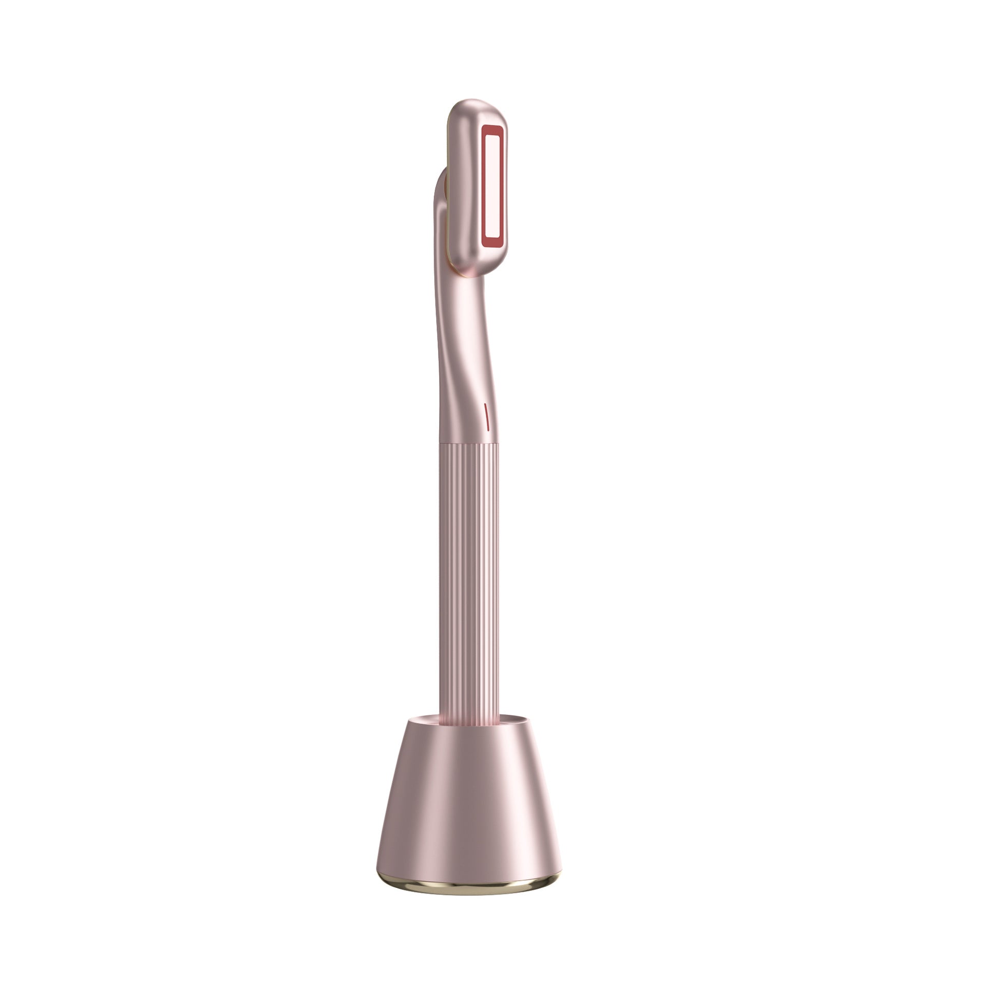 Pink 4-in-1 red light skincare wand standing on charging base for face and neck care