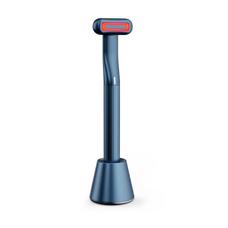 Blue Face Massage Device with red light head and charging stand for home skincare routine