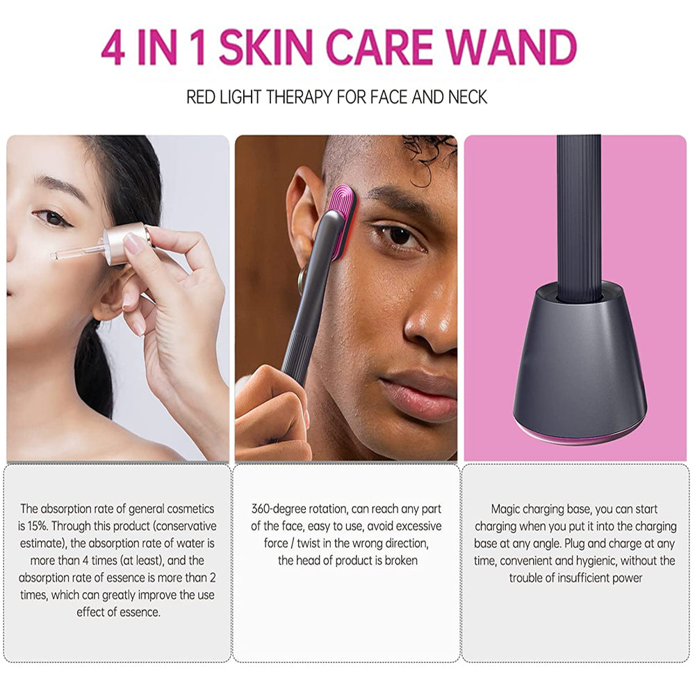 4-in-1 skin care wand showing red light therapy feature for face and neck massage