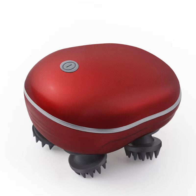 Red handheld massager with black massage heads on a white background