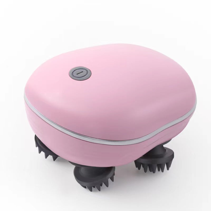 Pink handheld massager with black massage heads on a white background
