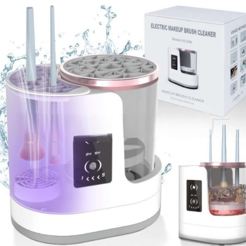 Electric makeup brush cleaner with water splashes and packaging on a white background