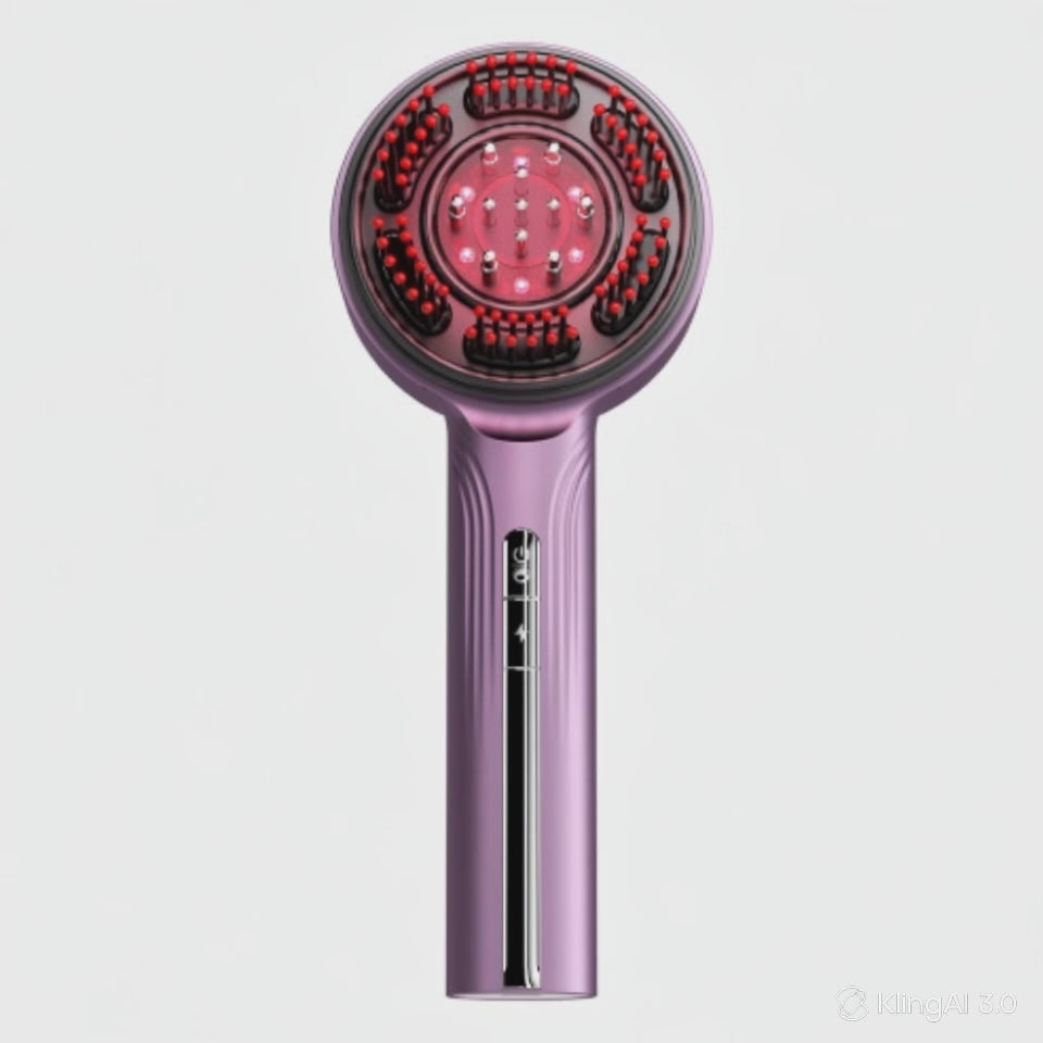Electric massage comb demonstration showing relaxing scalp and hair brushing experience