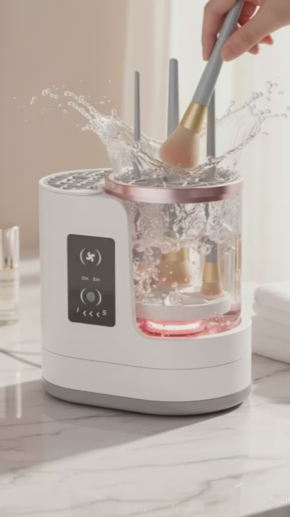 Automatic makeup brush cleaner demonstration showing fast cleaning and drying process