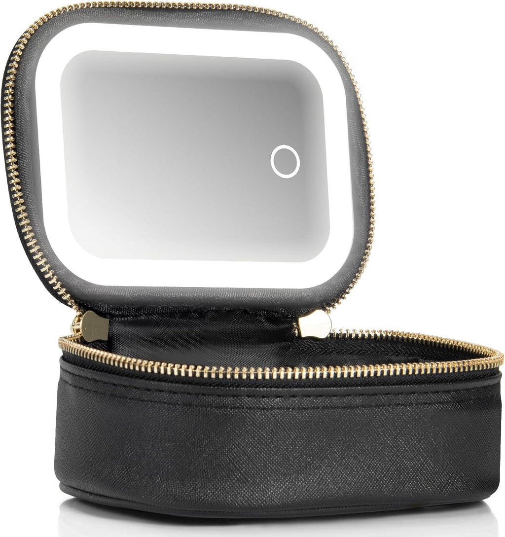 Black jewelry travel case with a mirror on a white background