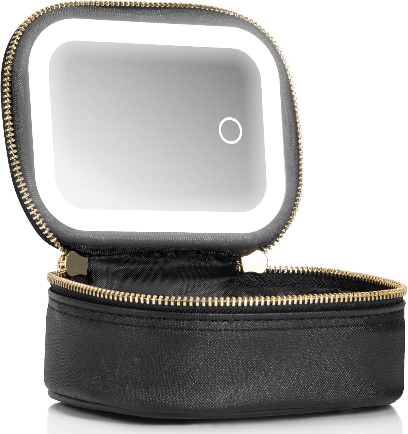Black jewelry travel case with a mirror on a white background
