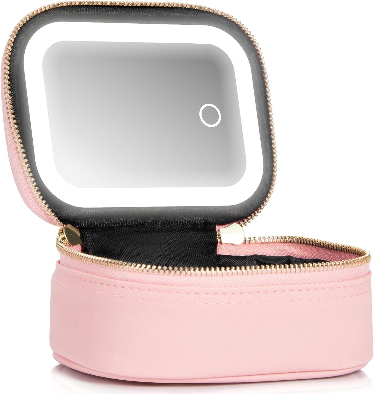 Pink makeup case with a mirror on a white background