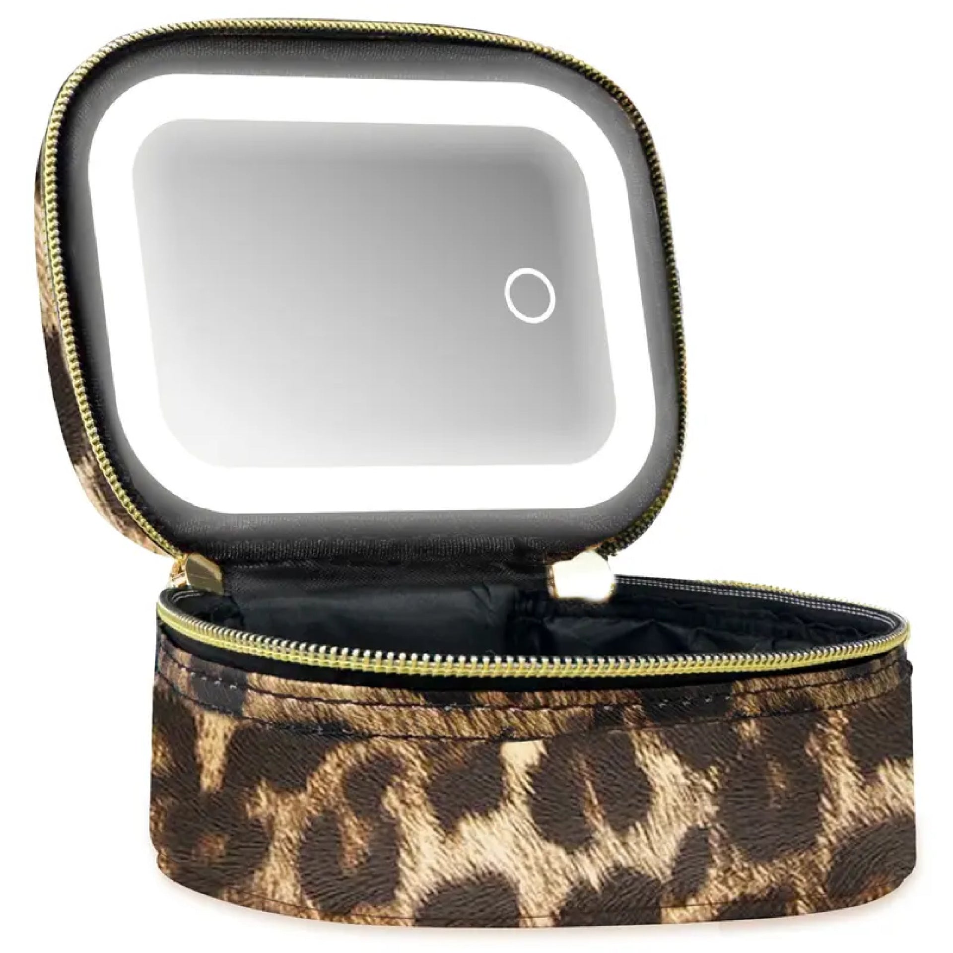 Makeup bag with mirror and leopard print design on a white background