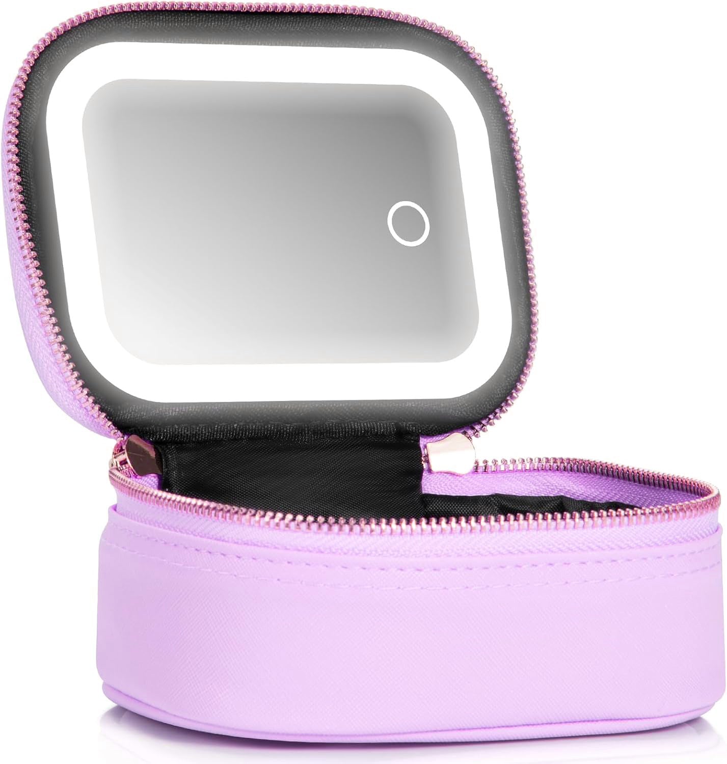 Purple makeup case with a mirror on a white background