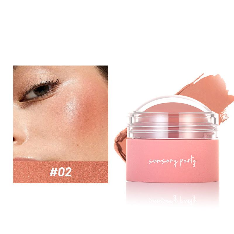 Pink cosmetic jar labeled 'sensory party' with a swatch of makeup color on a white background