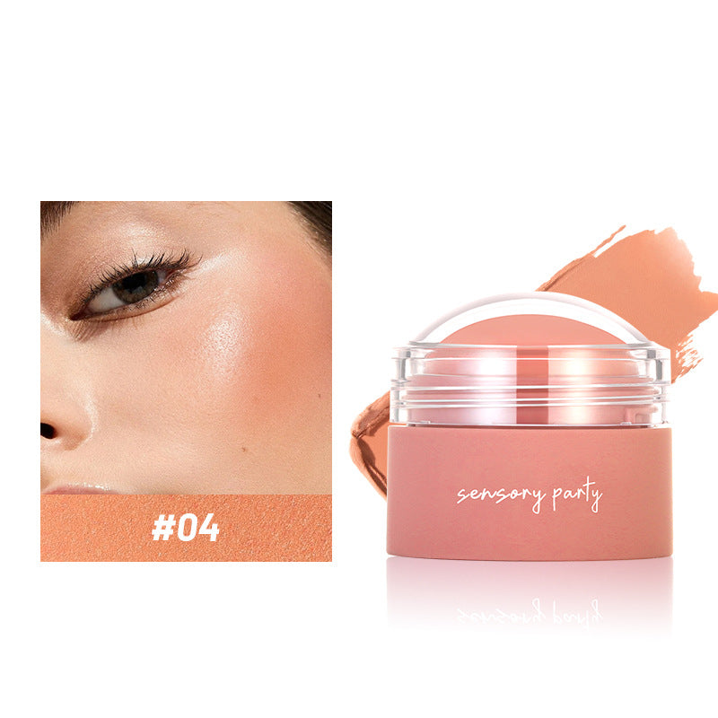 Cosmetic cream with a jar labeled 'sensory party' and a close-up of a woman's face with the same shade.