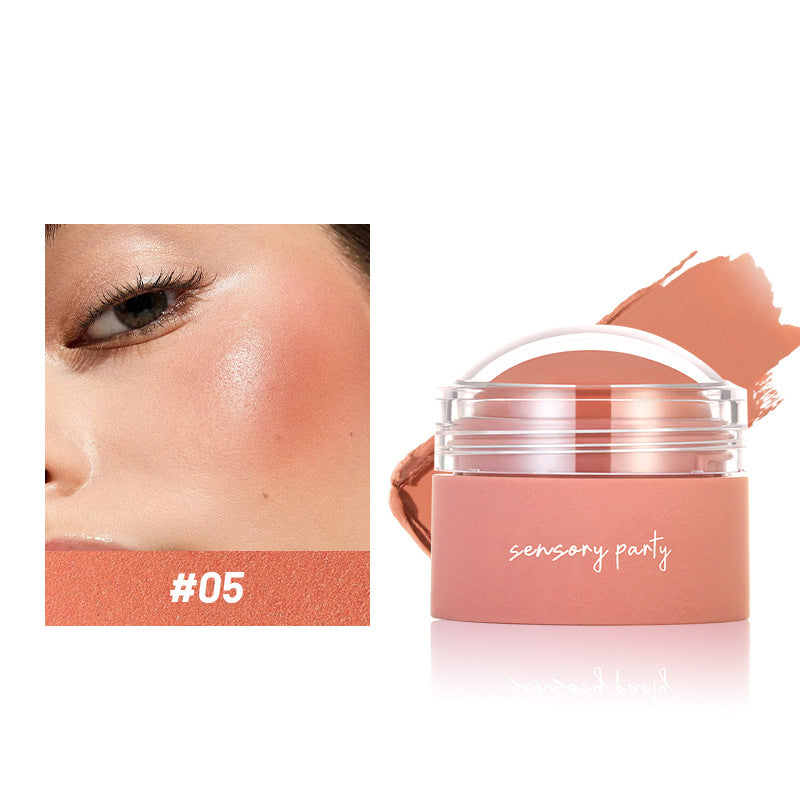 Cosmetic product with 'sensory party' branding next to a swatch on skin.