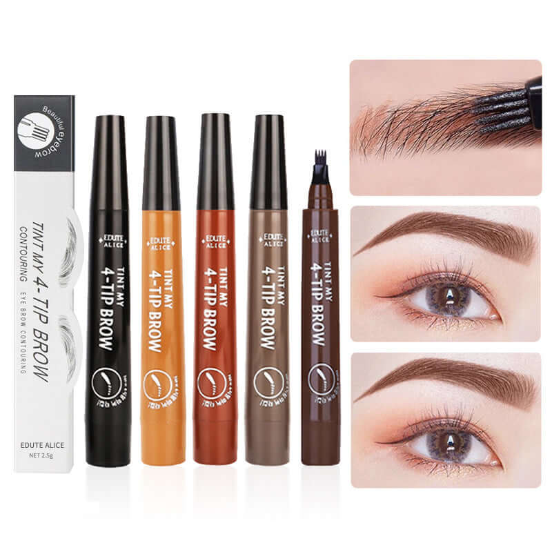 Four-furcated liquid eyebrow pencil for natural hair-like eyebrow strokes