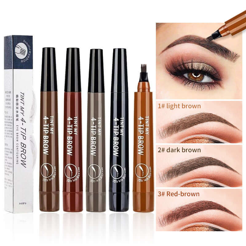 Waterproof liquid eyebrow pen with four-tip precision applicator